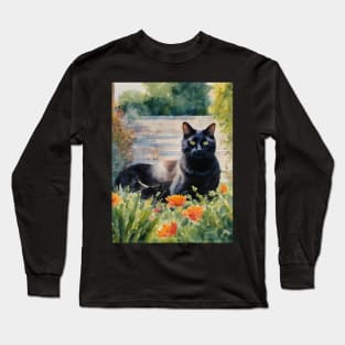 Black Cat In Garden Watercolour Cat Art Long Sleeve T-Shirt